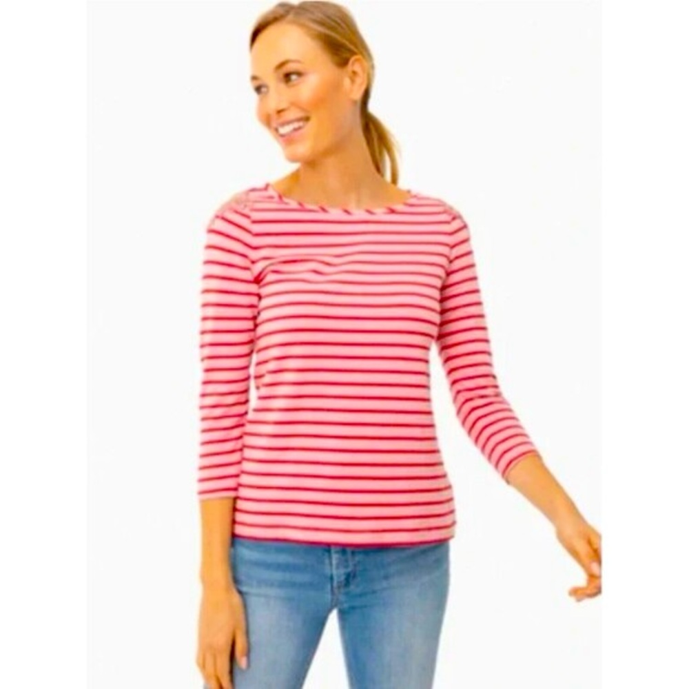 Tuckernuck Hindley Red Pink Stripe Embroidered Beaded Coastal M